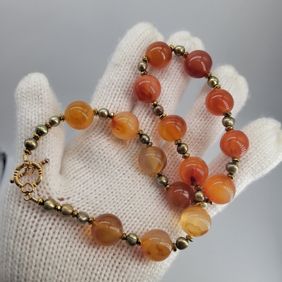 Vintage Necklace Carmelian Old Beads Glass Gold Plated Beautiful Unique Boho - Picture 1 of 8